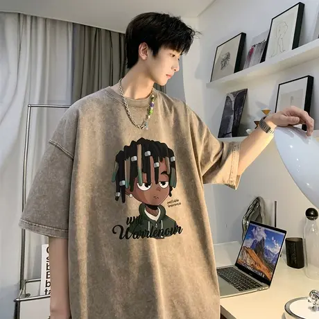 卡通短袖T恤男款夏季潮牌宽松大码纯棉半袖美式重磅水洗做旧体恤商品大图