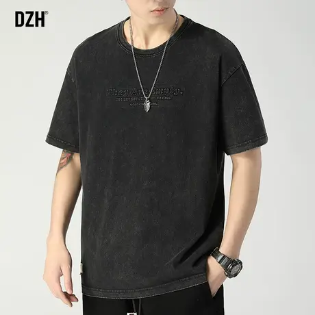 男士黑色全棉t恤男美式潮牌夏季复古短袖宽松男装2023新款体恤衫商品大图