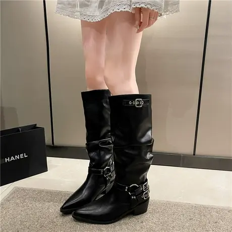 长筒靴女2023年春秋季新款网红小众设计感法式靴子粗跟尖头骑士靴图片
