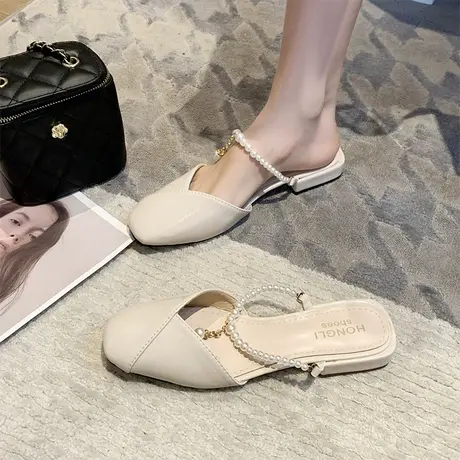 包头半拖鞋女夏外穿时尚2024年新款仙女风珍珠低跟百搭方头凉拖鞋商品大图