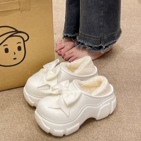 蝴蝶结棉拖鞋女冬季外穿室内厚底增高跟防滑防水加绒保暖包跟棉鞋图片