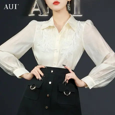 AUI杏色设计感高级衬衫女2023春新款职业气质上衣小众泡泡袖衬衣商品大图