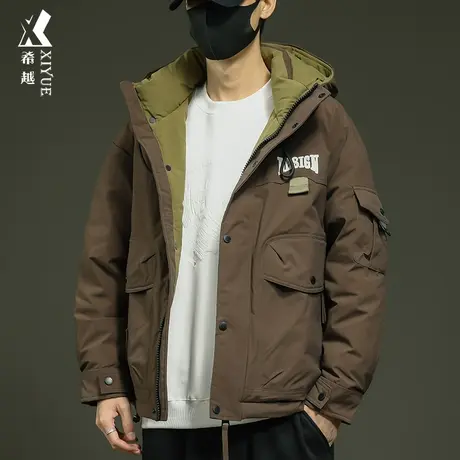 白鸭绒连帽羽绒服男外套秋冬季2023新款宽松大码男士户外工装棉服商品大图