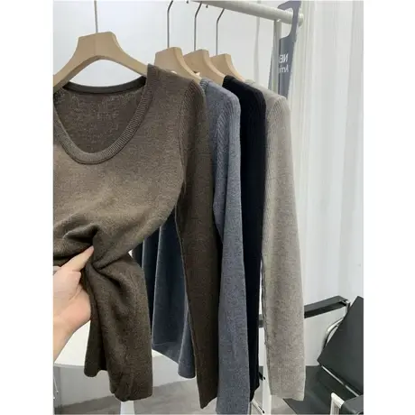 高级感U领纯色针织打底衫女2023秋冬季新款修身显瘦内搭百搭上衣商品大图