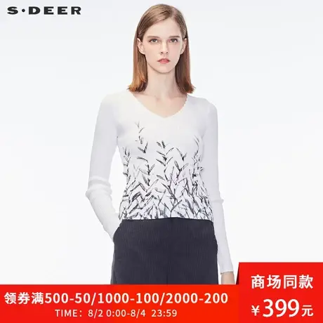 sdeer圣迪奥秋装新款简约时尚V领印花打底针织衫女S18383543😬图片