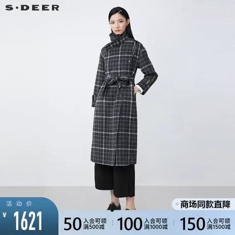 sdeer圣迪奥2021冬装新品翻领撞色格纹拼接收腰毛呢大衣S21481832👙图片