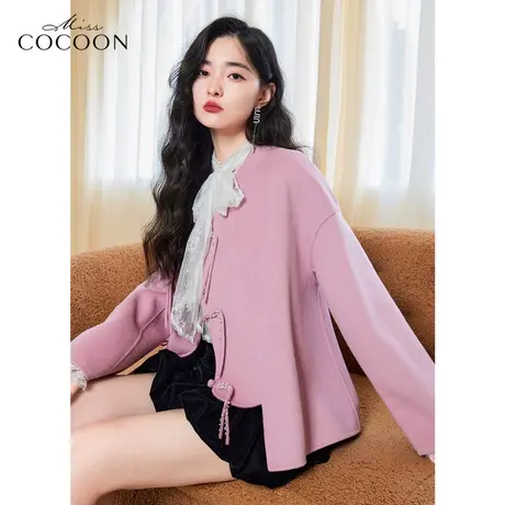 missCOCOON新中式粉色毛呢外套女2022新款秋冬装宽松短款羊毛大衣商品大图