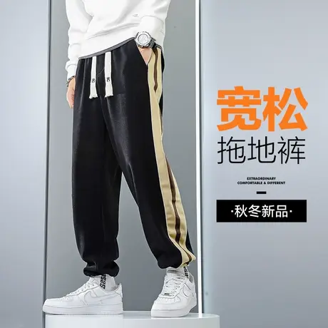 秋冬季条纹潮牌束腿运动卫裤男士休闲裤抽绳束脚裤男裤子2023新款商品大图