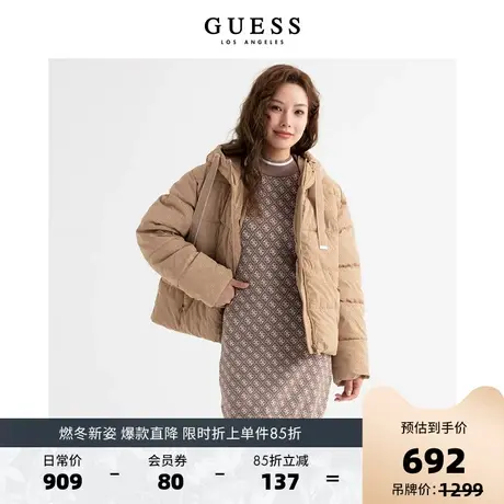 GUESS23新秋女士满印面包服保暖短款连帽棉衣棉服美拉德穿搭外套图片