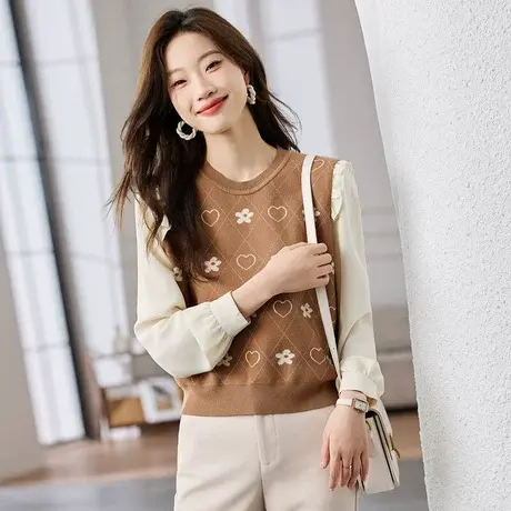 时尚气质毛衣温柔2023秋季新款女装圆领套头拼接短款长袖内搭商品大图