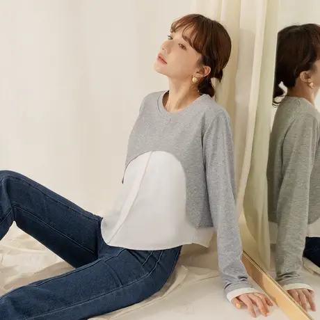 桔熊秋冬季小众设计感假两件套上衣圆领t恤拼接衬衫女大码AB19188图片