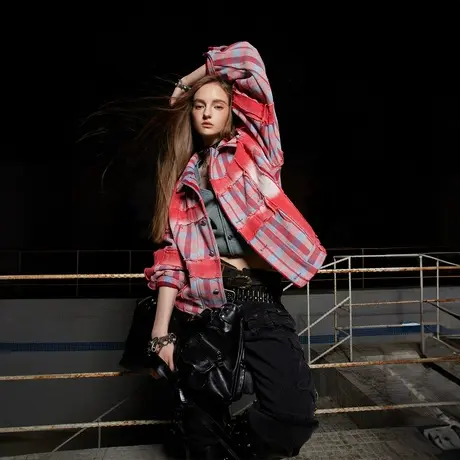 街头潮牌拼接格子外套女2024年春季新款复古毛边情侣夹克宽松上衣图片