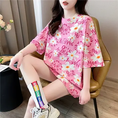 2024春夏新款欧货大版打底衫宽松百搭中长款菊花T恤短袖上衣女装图片