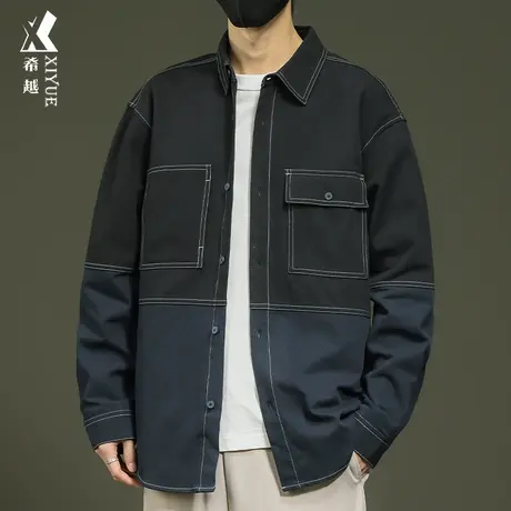 希越拼接水洗休闲衬衫男2024春季新款宽松大码男士纯棉衬衣外套潮图片
