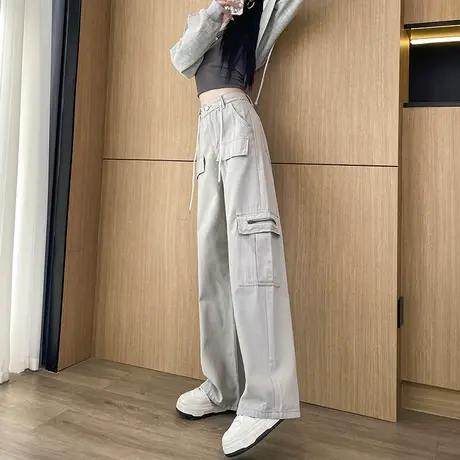 美式灰色微喇牛仔工装裤女2024春秋新款设计感直筒显瘦喇阔腿长裤商品大图