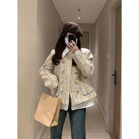 设计感彩色格子外套女春秋薄款2023新款减龄漂亮洋气短款夹克上衣图片