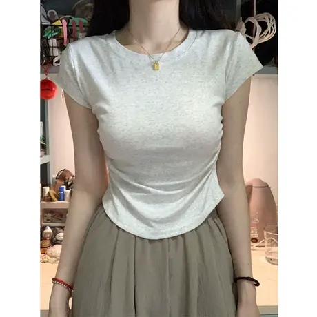辣妹抽褶收腰短袖T恤女夏季韩版洋气减龄修身显瘦短款小飞袖上衣商品大图