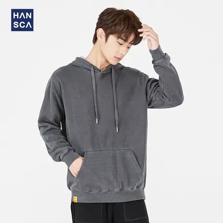 汉斯卡摇粒绒圆领卫衣男秋冬款宽松套头慵懒风连帽休闲灰色上衣潮商品大图
