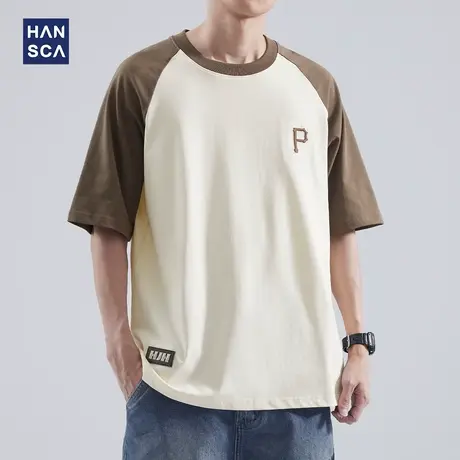 hansca 撞色拼接短袖t恤男宽松夏季重磅体恤插肩袖潮流纯棉上衣服商品大图