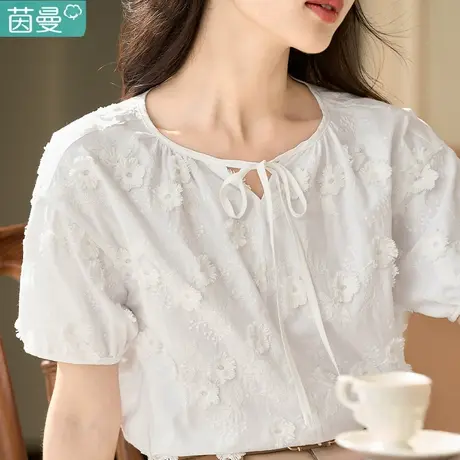 茵曼法式气质短袖衬衣女士2024年夏季新款小众别致上衣纯棉白衬衫图片