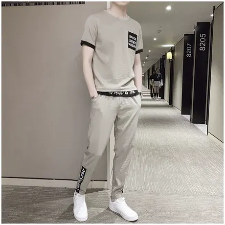 潮牌男士短袖t恤套装2023夏季新款潮流百搭冰丝男装运动休闲两件图片