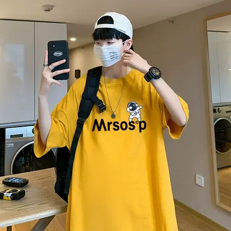 夏季潮流短袖t恤男纯棉ins潮牌宽松卡通宇航员印花夏装半袖打底衫商品大图