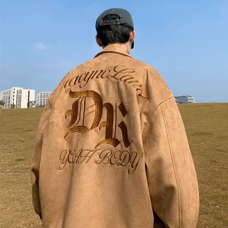麂皮绒外套男复古刺绣字母休闲翻领夹克ins潮牌秋冬美式宽松上衣商品大图