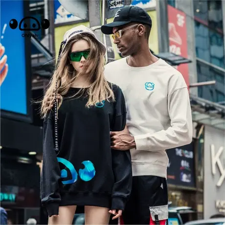 印花宽松潮牌圆领套头卫衣女秋季港风韩版情侣简约上衣潮2022新款商品大图