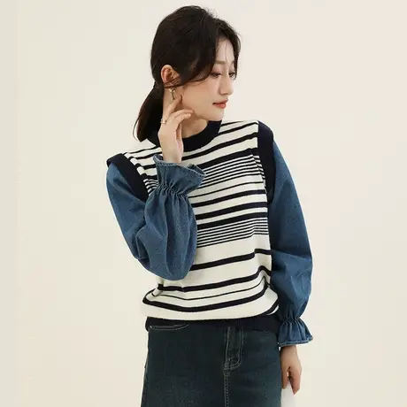 韩潮袭人牛仔拼接假两件条纹针织衫女2023秋季新款休闲长袖毛衣商品大图