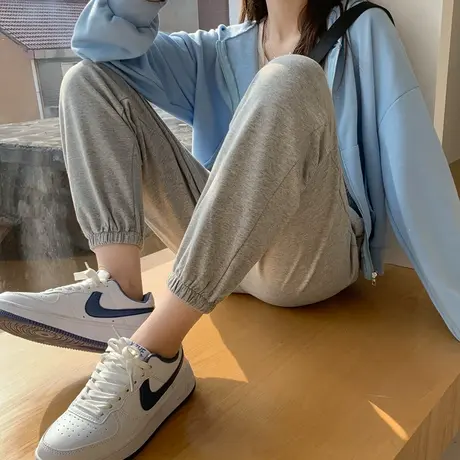 灰色运动裤女春秋冬宽松薄款束脚显瘦百搭哈伦裤小个子休闲卫裤子图片