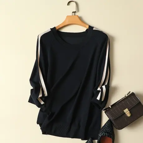 冰丝针织衫女套头短款打底衫七分袖宽松圆领上衣春夏装短袖t恤女商品大图