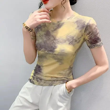 扎染印花短袖上衣女2023夏季新款性感网纱T恤修身圆领小衫体恤ins商品大图