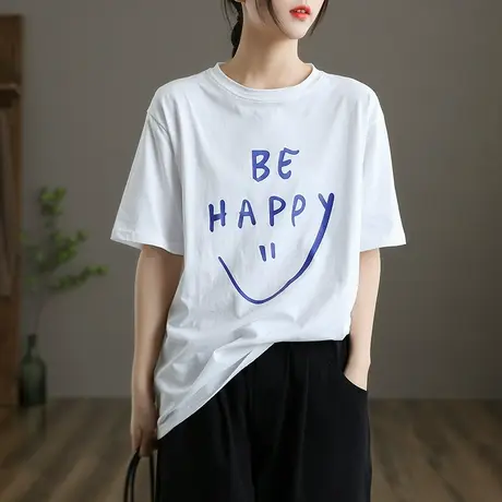 dza 文艺复古纯棉白色T恤女士短袖洋气内搭上衣新款春夏短款体恤商品大图