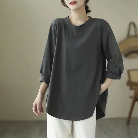 纯色百搭T恤女长袖2023早春新款女装韩版宽松休闲上衣春秋打底衫图片