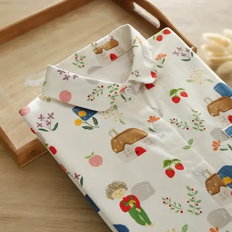 秋季学院风甜美文艺印花上衣宽松小清新长袖衬衫女生纯棉衬衣外穿图片