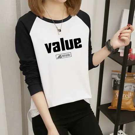 长袖T恤女纯棉2022年早秋新款拼色插肩袖简约字母印花宽松上衣潮商品大图