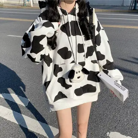 日系古着奶牛卫衣女秋冬加绒加厚宽松韩版潮ins上衣bf慵懒风外套商品大图