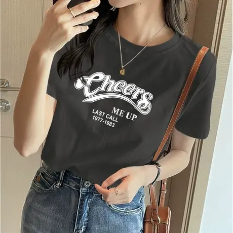 美式t恤短袖女上衣2023夏季新款潮牌印花纯棉圆领打底衫半袖体恤商品大图