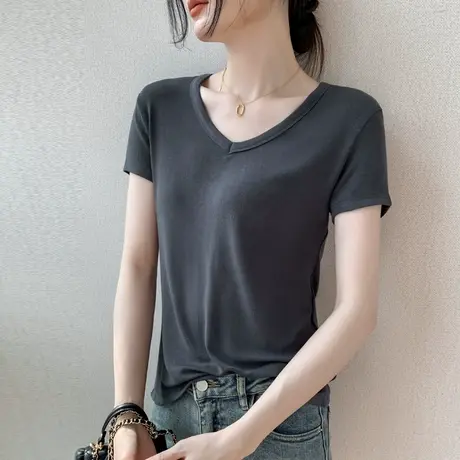 天丝棉V领短袖T恤女2023夏季宽松正肩莫代尔纯色显瘦百搭半袖上衣商品大图