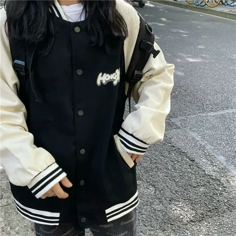 红续原创春秋装新款韩版撞色棒球服宽松百搭oversize外套盐系少女图片