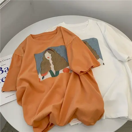 2022夏季设计感小众百搭油画印花白色短袖T恤洋气宽松休闲上衣女商品大图