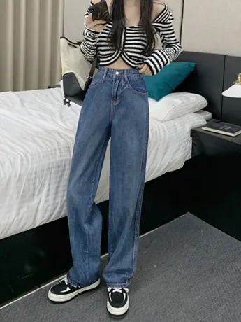 清仓捡漏秋夏新款韩版复古高腰显瘦牛仔裤女装阔腿裤学生拖地裤商品大图