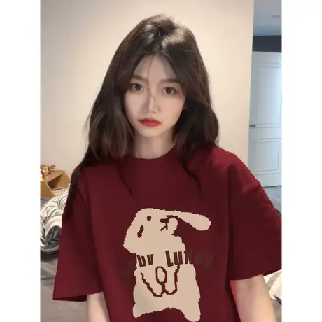 重磅纯棉兔子印花短袖t恤女夏季2023年新款宽松美式复古半袖上衣图片