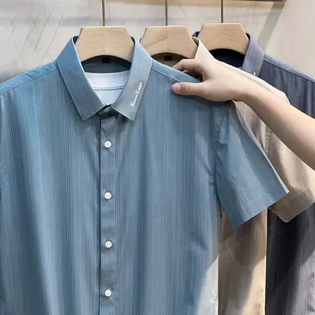 夏季商务休闲免烫短袖衬衫男修身丝光高级感男士条纹五分中袖衬衣商品大图