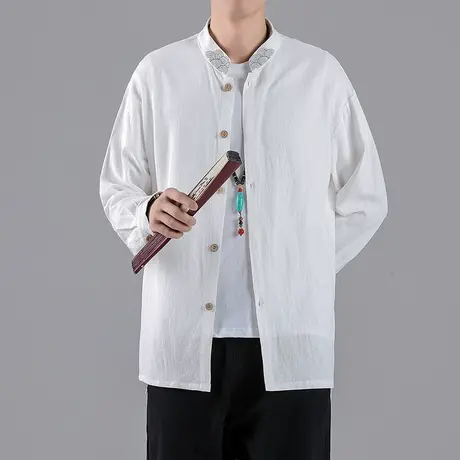 秋季男长袖衬衫加肥加大码宽松青年亚麻面料中国风复古男装上衣潮商品大图