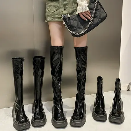 靴子长筒靴女2022年新款厚底增高小个子骑士靴黑色显瘦高筒瘦瘦靴商品大图