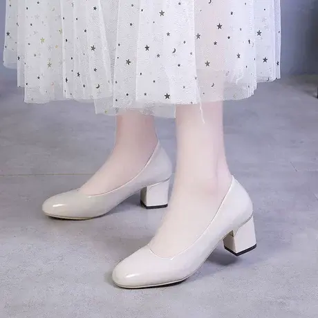 夏季韩版圆头粗跟2023女中跟职业工作鞋防水台漆皮浅口百搭单鞋商品大图