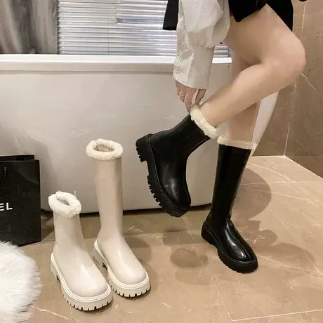 马丁靴新款女秋季加棉切尔西靴瘦瘦靴增高厚底白色长靴大码短靴图片