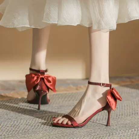凉鞋女2023年夏季新款一字扣带高跟鞋法式小众性感百搭蝴蝶结单鞋商品大图