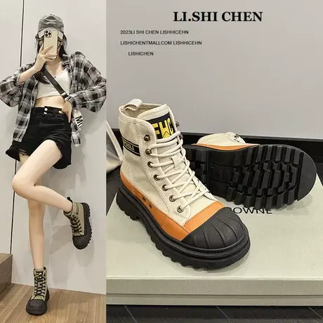 帆布高帮鞋女厚底2023夏季薄款罗马时尚休闲透气机车工装靴登山靴商品大图